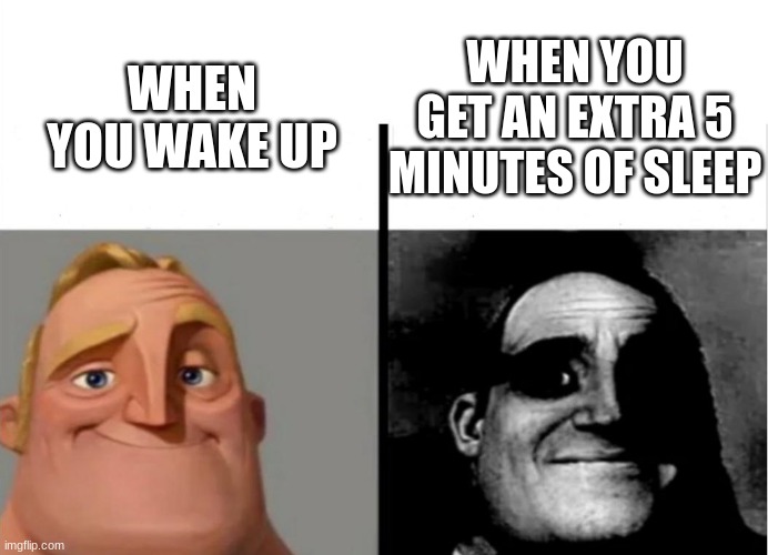 the sleep | WHEN YOU GET AN EXTRA 5 MINUTES OF SLEEP; WHEN YOU WAKE UP | image tagged in teacher's copy | made w/ Imgflip meme maker