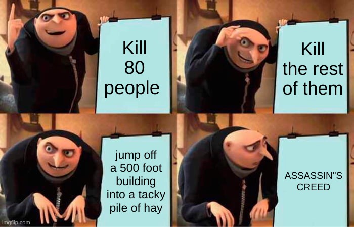 Assassins creed | Kill 80 people; Kill the rest of them; jump off a 500 foot building into a tacky pile of hay; ASSASSIN"S CREED | image tagged in memes,gru's plan | made w/ Imgflip meme maker