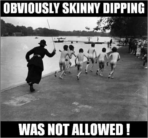 Vintage Crime Prevention ! | OBVIOUSLY SKINNY DIPPING; WAS NOT ALLOWED ! | image tagged in vintage,crime,prevention | made w/ Imgflip meme maker