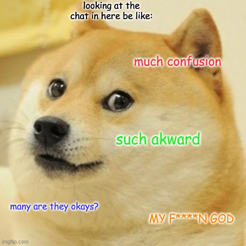 Doge Meme | looking at the chat in here be like: much confusion such akward many are they okays? MY F****N GOD | image tagged in memes,doge | made w/ Imgflip meme maker