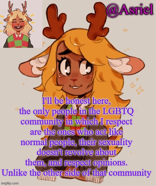 Which is probably why we make so many memes about the bad side of it lol | I'll be honest here, the only people in the LGBTQ community in which I respect are the ones who act like normal people, their sexuality doesn't revolve about them, and respect opinions. Unlike the other side of that community | image tagged in asriel's noelle temp | made w/ Imgflip meme maker