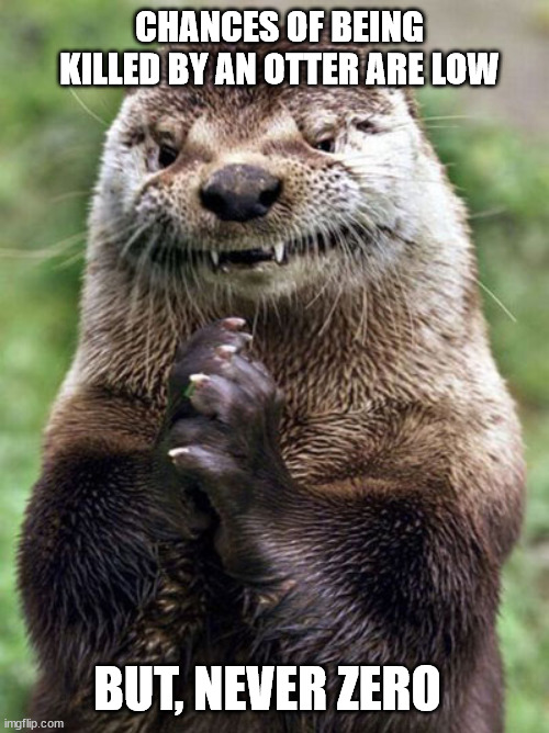 Evil Otter Meme | CHANCES OF BEING KILLED BY AN OTTER ARE LOW; BUT, NEVER ZERO | image tagged in memes,evil otter | made w/ Imgflip meme maker