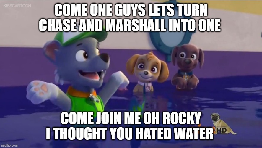 Rocky the Mer pup meme an i though he hated water | COME ONE GUYS LETS TURN CHASE AND MARSHALL INTO ONE; COME JOIN ME OH ROCKY I THOUGHT YOU HATED WATER | image tagged in paw patrol oh yeah | made w/ Imgflip meme maker