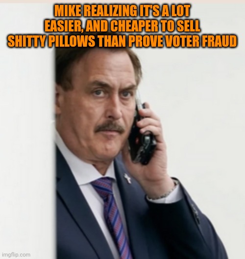 Most all proven cases of voter fraud is on Republicans | MIKE REALIZING IT'S A LOT EASIER, AND CHEAPER TO SELL SHITTY PILLOWS THAN PROVE VOTER FRAUD | image tagged in mypillow | made w/ Imgflip meme maker