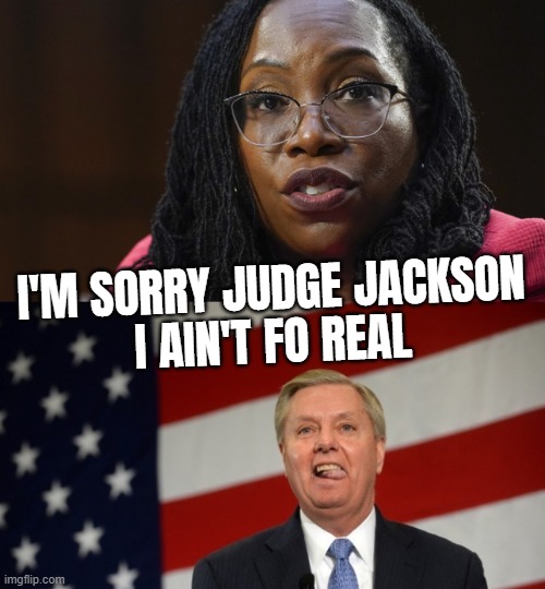 I'M SORRY JUDGE JACKSON | I'M SORRY JUDGE JACKSON
I AIN'T FO REAL | image tagged in lindsey graham tongue,idiot,hypocrite,liar,closeted gay,graham cracker | made w/ Imgflip meme maker