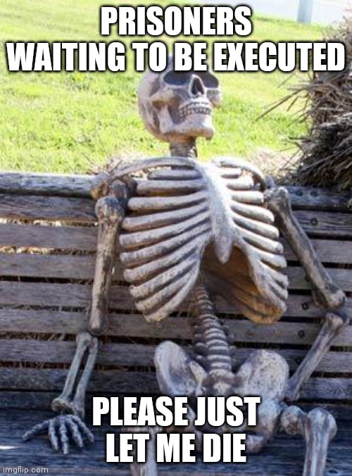 Waiting Skeleton Meme | PRISONERS WAITING TO BE EXECUTED; PLEASE JUST LET ME DIE | image tagged in memes,waiting skeleton | made w/ Imgflip meme maker