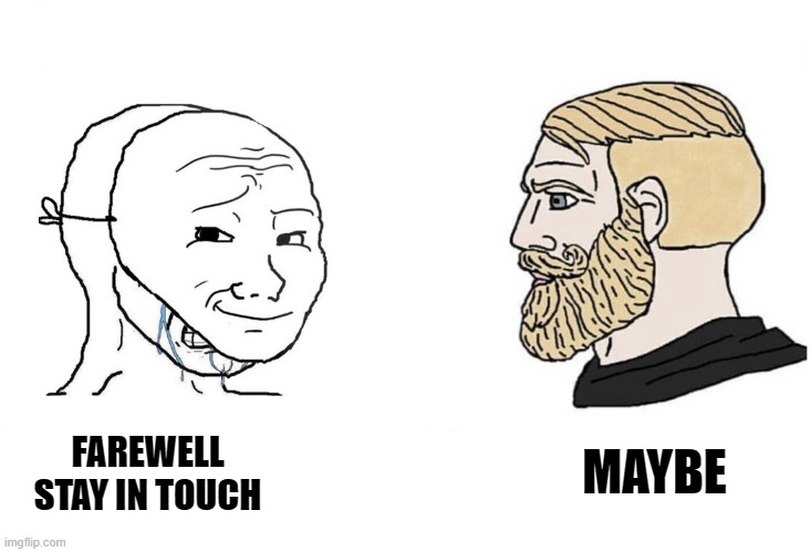 Office Farewell and saying goodbye | FAREWELL
STAY IN TOUCH; MAYBE | image tagged in masked wojak vs chad | made w/ Imgflip meme maker