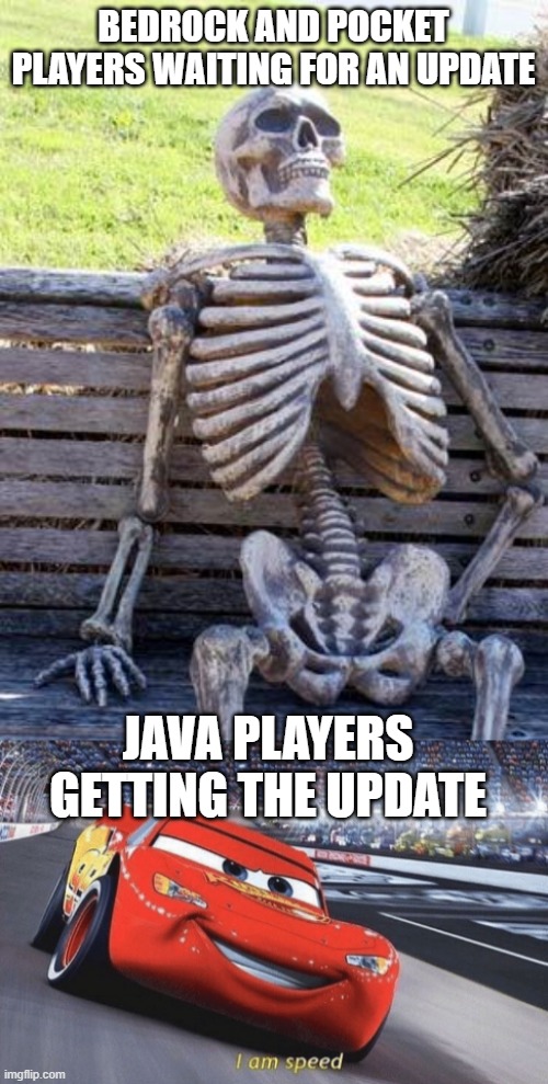 BEDROCK AND POCKET PLAYERS WAITING FOR AN UPDATE; JAVA PLAYERS GETTING THE UPDATE | image tagged in memes,waiting skeleton,i am speed,minecraft | made w/ Imgflip meme maker