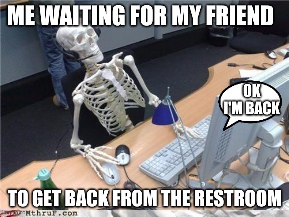 Waiting skeleton | ME WAITING FOR MY FRIEND; OK I'M BACK; TO GET BACK FROM THE RESTROOM | image tagged in waiting skeleton | made w/ Imgflip meme maker