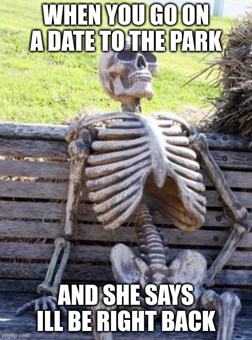 meme |  WHEN YOU GO ON A DATE TO THE PARK; AND SHE SAYS ILL BE RIGHT BACK | image tagged in memes,waiting skeleton | made w/ Imgflip meme maker