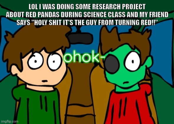 Eddsworld ohok | LOL I WAS DOING SOME RESEARCH PROJECT ABOUT RED PANDAS DURING SCIENCE CLASS AND MY FRIEND SAYS "HOLY SHIT IT'S THE GUY FROM TURNING RED!!" | image tagged in eddsworld ohok | made w/ Imgflip meme maker