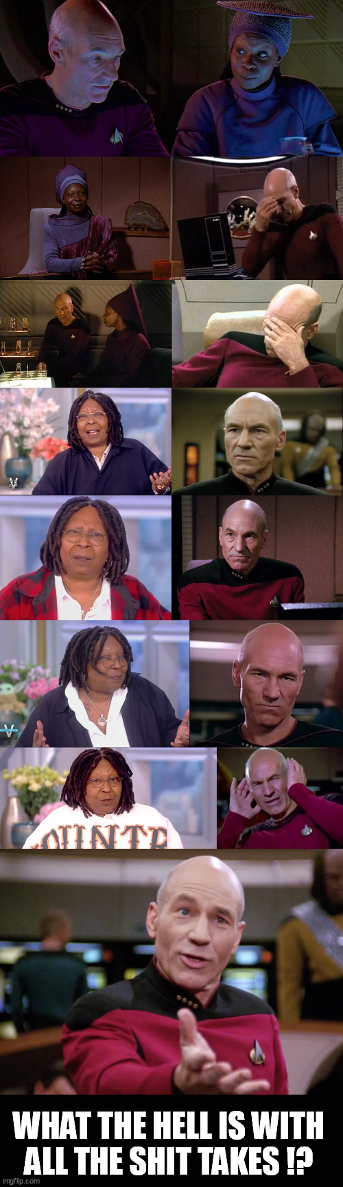  WHAT THE HELL IS WITH
ALL THE SHIT TAKES !? | image tagged in whoopi goldberg,captain picard,picard wtf and facepalm combined,the view,moron | made w/ Imgflip meme maker