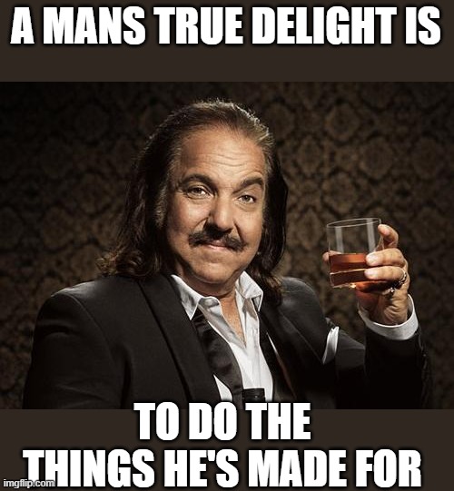 cheers |  A MANS TRUE DELIGHT IS; TO DO THE THINGS HE'S MADE FOR | image tagged in ron jeremy,inspirational quotes,fun | made w/ Imgflip meme maker