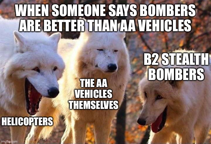 Wow, this is probably funny. Comment if you think its funny. |  WHEN SOMEONE SAYS BOMBERS ARE BETTER THAN AA VEHICLES; B2 STEALTH BOMBERS; THE AA VEHICLES THEMSELVES; HELICOPTERS | image tagged in laughing wolf,military humor | made w/ Imgflip meme maker