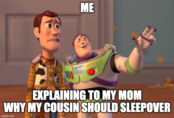 Got to explain | ME; EXPLAINING TO MY MOM WHY MY COUSIN SHOULD SLEEPOVER | image tagged in memes,x x everywhere | made w/ Imgflip meme maker