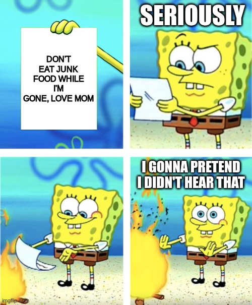 #NoFun :( | SERIOUSLY; DON'T EAT JUNK FOOD WHILE I'M GONE, LOVE MOM; I GONNA PRETEND I DIDN'T HEAR THAT | image tagged in spongebob burning paper | made w/ Imgflip meme maker