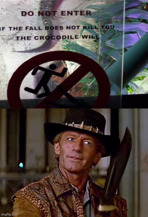 Ha, not on my watch | image tagged in crocodile dundee knife,crocodile,you had one job,memes,fall,sign | made w/ Imgflip meme maker