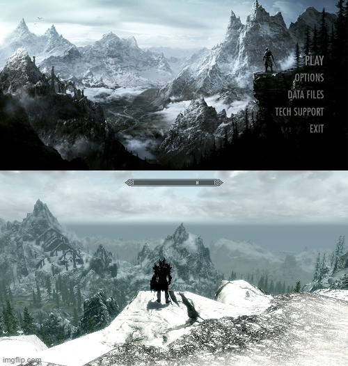 Skyrim Launch Screen vs an In-Game Location | image tagged in skyrim,gaming,memes | made w/ Imgflip meme maker