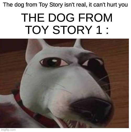 THE DOG FROM TOY STORY 1 :; The dog from Toy Story isn't real, it can't hurt you | image tagged in blank white template,memes,toy story,dogs,dog | made w/ Imgflip meme maker