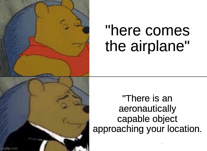 Tuxedo Winnie The Pooh Meme | "here comes the airplane" "There is an aeronautically capable object approaching your location. | image tagged in memes,tuxedo winnie the pooh | made w/ Imgflip meme maker