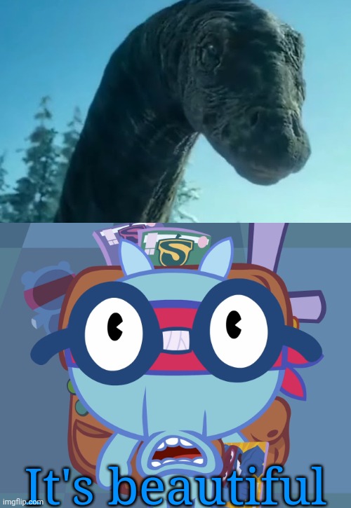 Sniffles meets an Apatosaurus | It's beautiful | image tagged in surprised sniffles htf,jurassic park,jurassic world,dinosaur,happy tree friends,animals | made w/ Imgflip meme maker