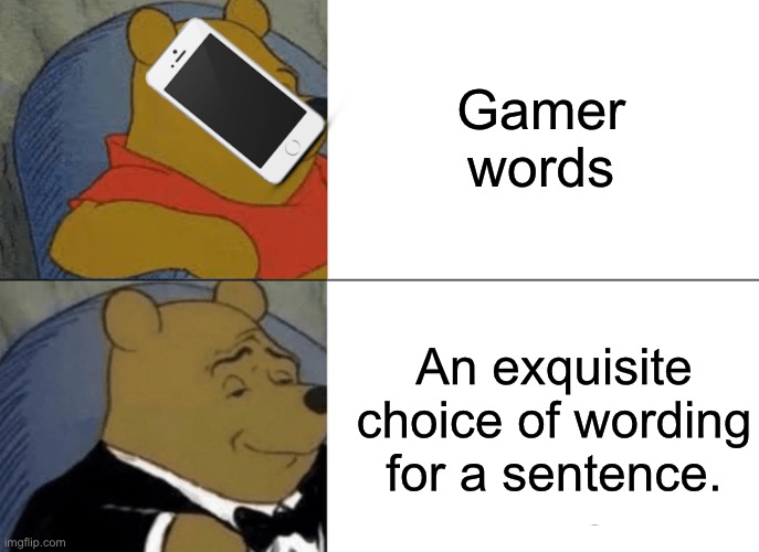 Tuxedo Winnie The Pooh Meme | Gamer words An exquisite choice of wording for a sentence. | image tagged in memes,tuxedo winnie the pooh | made w/ Imgflip meme maker