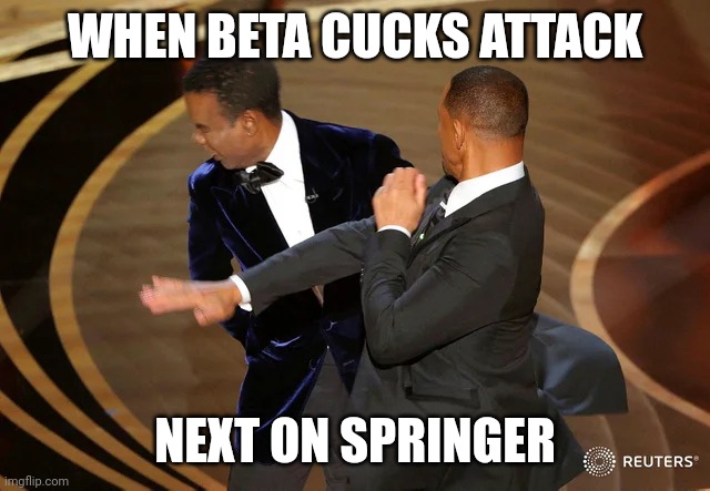 Will Smith punching Chris Rock | WHEN BETA CUCKS ATTACK; NEXT ON SPRINGER | image tagged in will smith punching chris rock | made w/ Imgflip meme maker