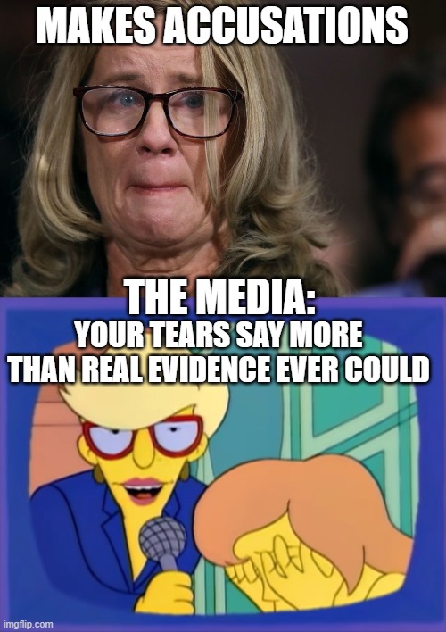 whatever happened to Dr. Christine Blasey Ford? | MAKES ACCUSATIONS; THE MEDIA:; YOUR TEARS SAY MORE THAN REAL EVIDENCE EVER COULD | image tagged in scotus,accusation,court,brett kavanaugh,christine blasey ford,what happened | made w/ Imgflip meme maker