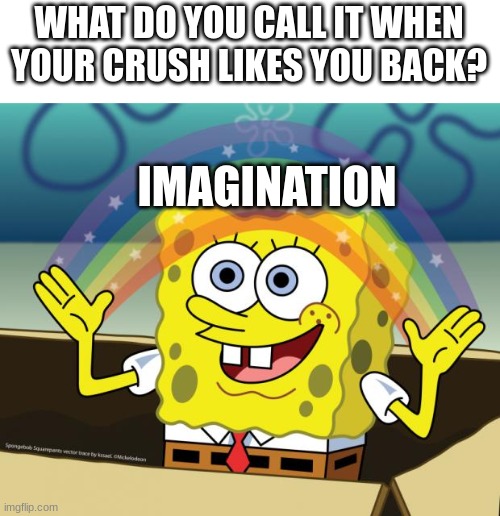 Sad :( | WHAT DO YOU CALL IT WHEN YOUR CRUSH LIKES YOU BACK? IMAGINATION | image tagged in sponge bob imagination | made w/ Imgflip meme maker