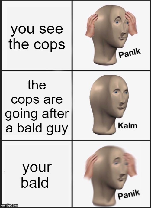 Panik Kalm Panik | you see the cops; the cops are going after a bald guy; your bald | image tagged in memes,panik kalm panik | made w/ Imgflip meme maker