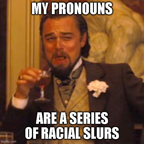 Laughing Leo | MY PRONOUNS; ARE A SERIES OF RACIAL SLURS | image tagged in memes,laughing leo | made w/ Imgflip meme maker