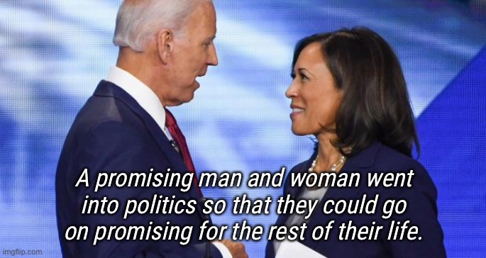 Promising politician | A promising man and woman went into politics so that they could go on promising for the rest of their life. | image tagged in biden harris,promise,politics,man and woman,presidential alert | made w/ Imgflip meme maker