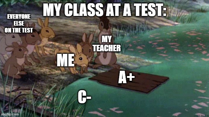 test fail | MY CLASS AT A TEST:; EVERYONE ELSE ON THE TEST; MY TEACHER; ME; A+; C- | image tagged in watership down fail,school,funny memes,relatable | made w/ Imgflip meme maker