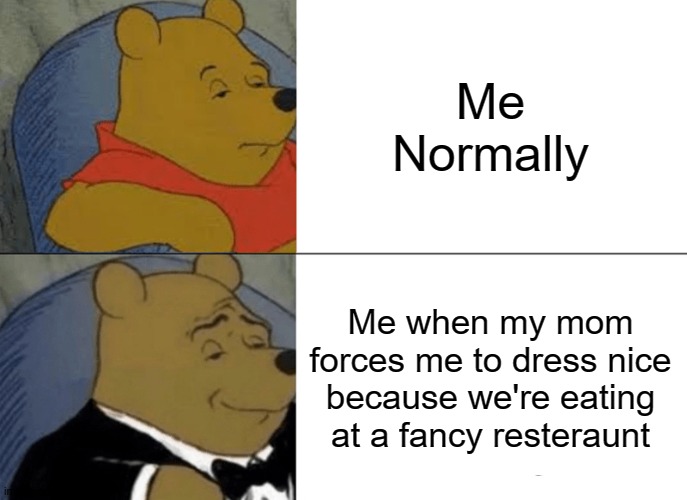 Tuxedo Winnie The Pooh | Me Normally; Me when my mom forces me to dress nice because we're eating at a fancy resteraunt | image tagged in memes,tuxedo winnie the pooh | made w/ Imgflip meme maker