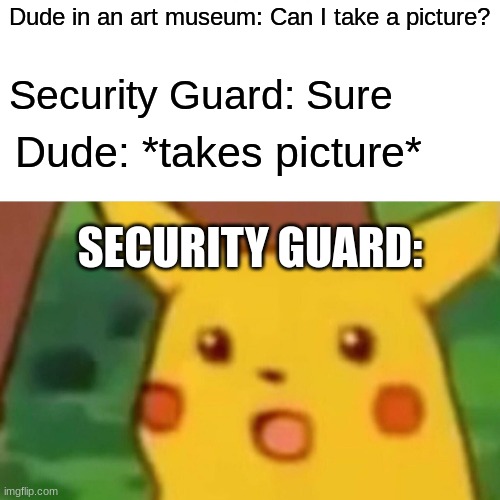 Old meme lmao | Dude in an art museum: Can I take a picture? Security Guard: Sure; Dude: *takes picture*; SECURITY GUARD: | image tagged in memes,surprised pikachu | made w/ Imgflip meme maker