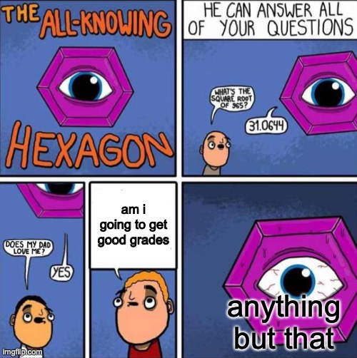 the all knowing hexagon | am i going to get good grades; anything but that | image tagged in all knowing hexagon original | made w/ Imgflip meme maker