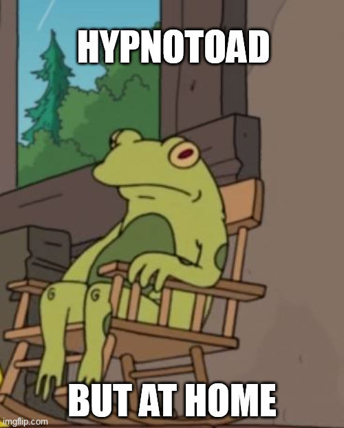 Toad | HYPNOTOAD; BUT AT HOME | image tagged in hypnotoad,futurama,thesimpsons,toad,frog,rocking chair | made w/ Imgflip meme maker