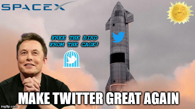 Free the bird from the cage! | FREE THE BIRD FROM THE CAGE! MAKE TWITTER GREAT AGAIN | image tagged in spacex,elon musk,politics,memes,twitter,trump | made w/ Imgflip meme maker