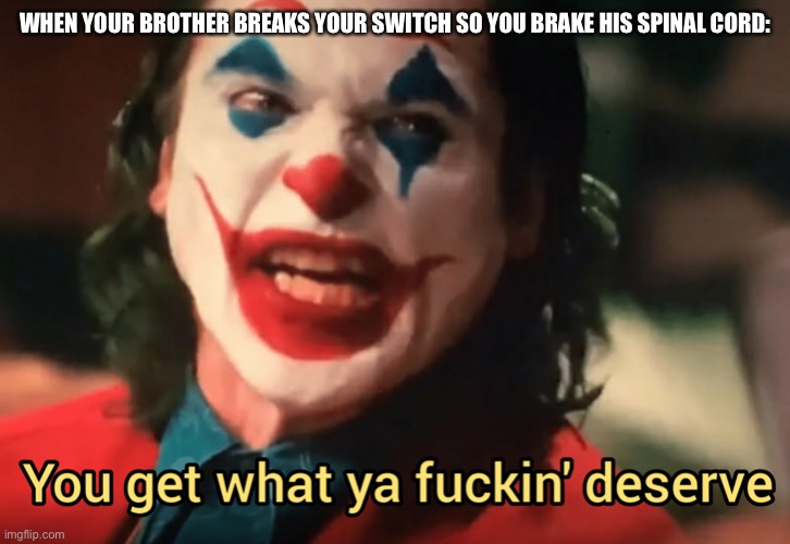 You get what ya f***ing deserve Joker | WHEN YOUR BROTHER BREAKS YOUR SWITCH SO YOU BRAKE HIS SPINAL CORD: | image tagged in you get what ya f ing deserve joker | made w/ Imgflip meme maker
