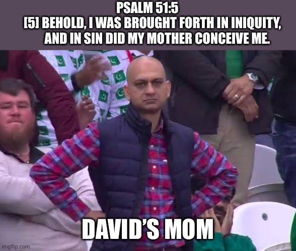 Psalms 51 | PSALM 51:5

    [5] BEHOLD, I WAS BROUGHT FORTH IN INIQUITY,
        AND IN SIN DID MY MOTHER CONCEIVE ME. DAVID’S MOM | image tagged in disappointed man | made w/ Imgflip meme maker