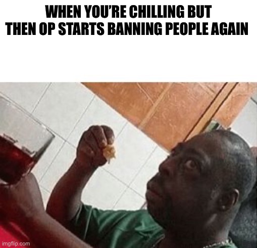 Hell naw I’m not doing this shit again | WHEN YOU’RE CHILLING BUT THEN OP STARTS BANNING PEOPLE AGAIN | image tagged in eatinglunch | made w/ Imgflip meme maker