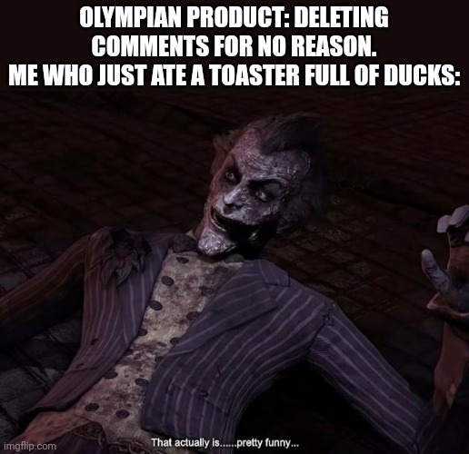 That actually is pretty funny | OLYMPIAN PRODUCT: DELETING COMMENTS FOR NO REASON.
ME WHO JUST ATE A TOASTER FULL OF DUCKS: | image tagged in that actually is pretty funny | made w/ Imgflip meme maker