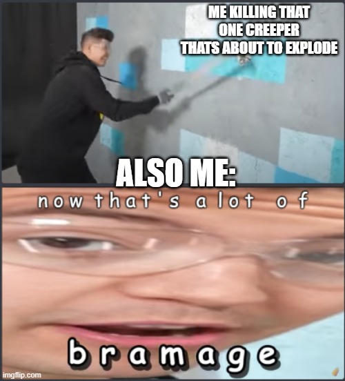 now thats alotta "bramage" | ME KILLING THAT ONE CREEPER THATS ABOUT TO EXPLODE; ALSO ME: | image tagged in funny,memes | made w/ Imgflip meme maker