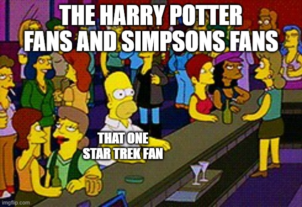 Homer Bar | THE HARRY POTTER FANS AND SIMPSONS FANS; THAT ONE STAR TREK FAN | image tagged in homer bar,memes,president_joe_biden | made w/ Imgflip meme maker