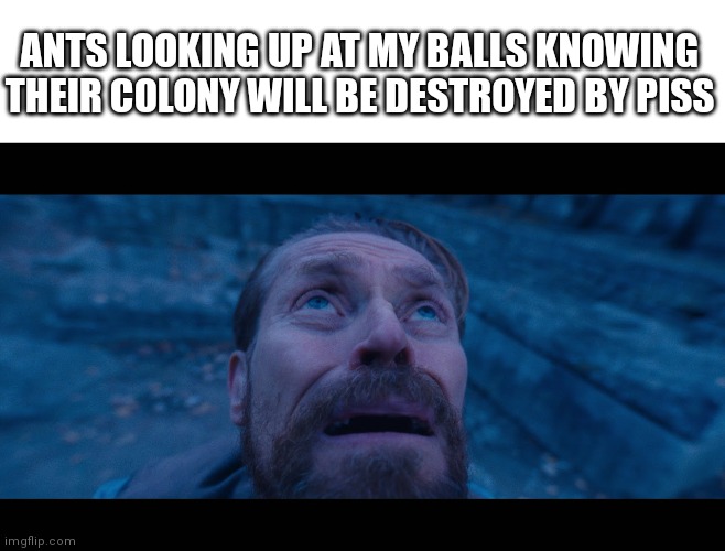 willem dafoe looking up | ANTS LOOKING UP AT MY BALLS KNOWING THEIR COLONY WILL BE DESTROYED BY PISS | image tagged in willem dafoe looking up | made w/ Imgflip meme maker