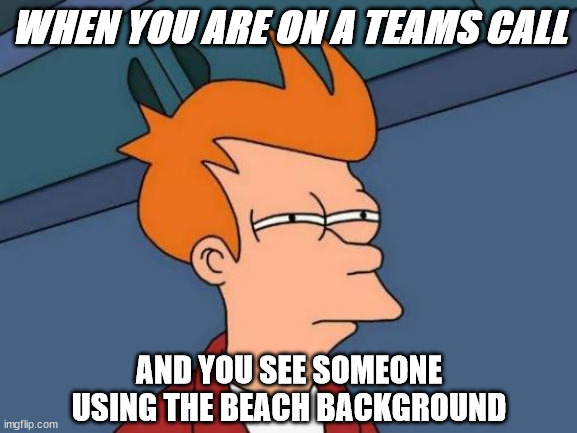 Futurama Fry Meme | WHEN YOU ARE ON A TEAMS CALL; AND YOU SEE SOMEONE USING THE BEACH BACKGROUND | image tagged in memes,futurama fry | made w/ Imgflip meme maker