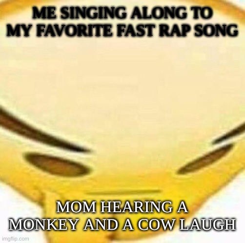 HMMMMMMM | ME SINGING ALONG TO MY FAVORITE FAST RAP SONG; MOM HEARING A MONKEY AND A COW LAUGH | image tagged in hmmmmmmm | made w/ Imgflip meme maker