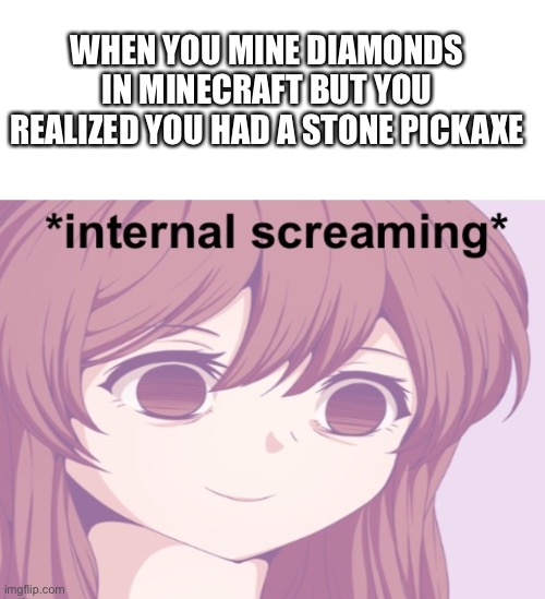 anime girl internal screaming | WHEN YOU MINE DIAMONDS IN MINECRAFT BUT YOU REALIZED YOU HAD A STONE PICKAXE | image tagged in anime girl internal screaming,memes,minecraft,gifs,charts,demotivationals | made w/ Imgflip meme maker