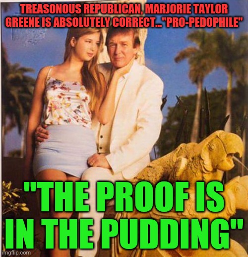 Trump Ivanka Ew | TREASONOUS REPUBLICAN, MARJORIE TAYLOR GREENE IS ABSOLUTELY CORRECT..."PRO-PEDOPHILE"; "THE PROOF IS IN THE PUDDING" | image tagged in trump ivanka ew | made w/ Imgflip meme maker