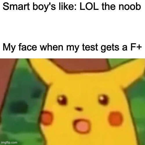 Surprised Pikachu | Smart boy's like: LOL the noob; My face when my test gets a F+ | image tagged in memes,surprised pikachu | made w/ Imgflip meme maker